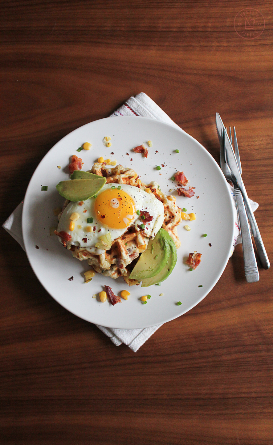 Cheesy Bacon and Corn Waffles with Eggs and Avocado | Taste and Tipple