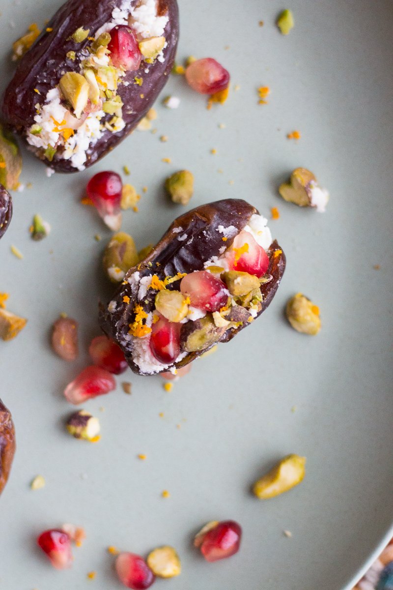 Goat's Cheese Stuffed Dates with Pistachios and Pomegranate | Taste and Tipple