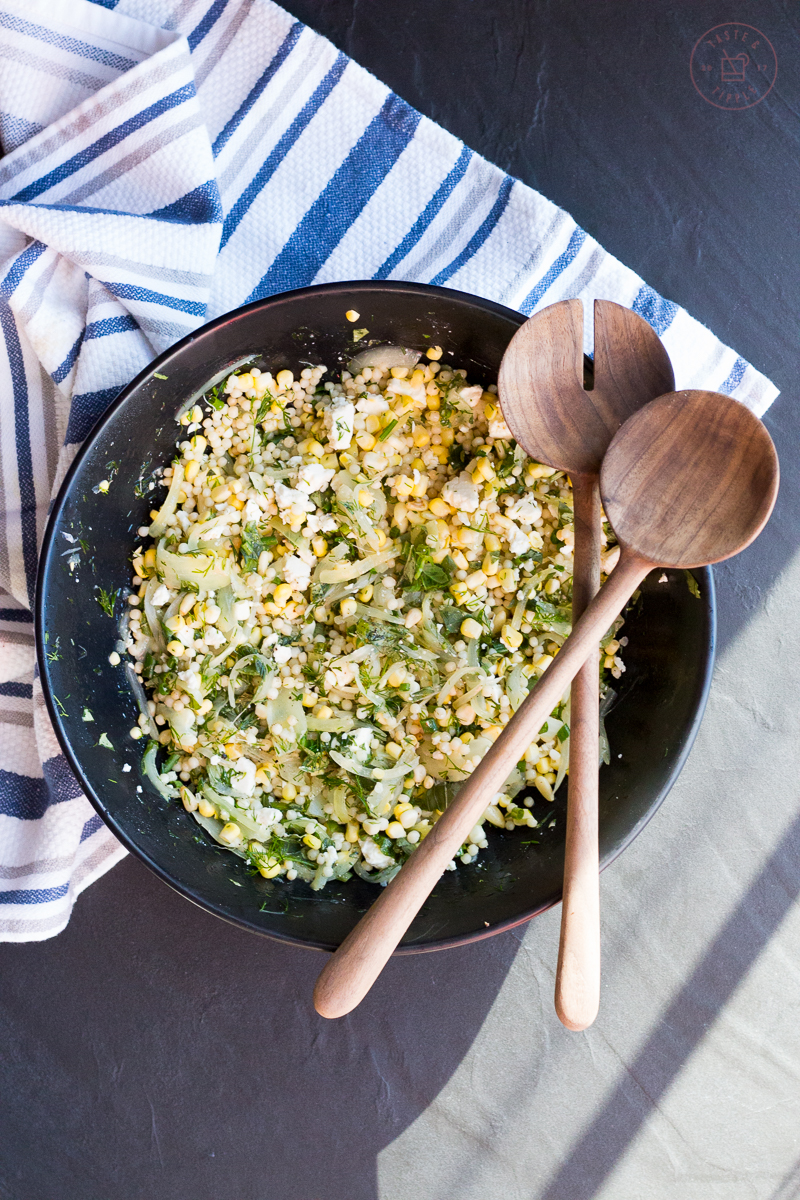 Herbed Israeli Couscous Salad with Corn and Feta | Taste and Tipple