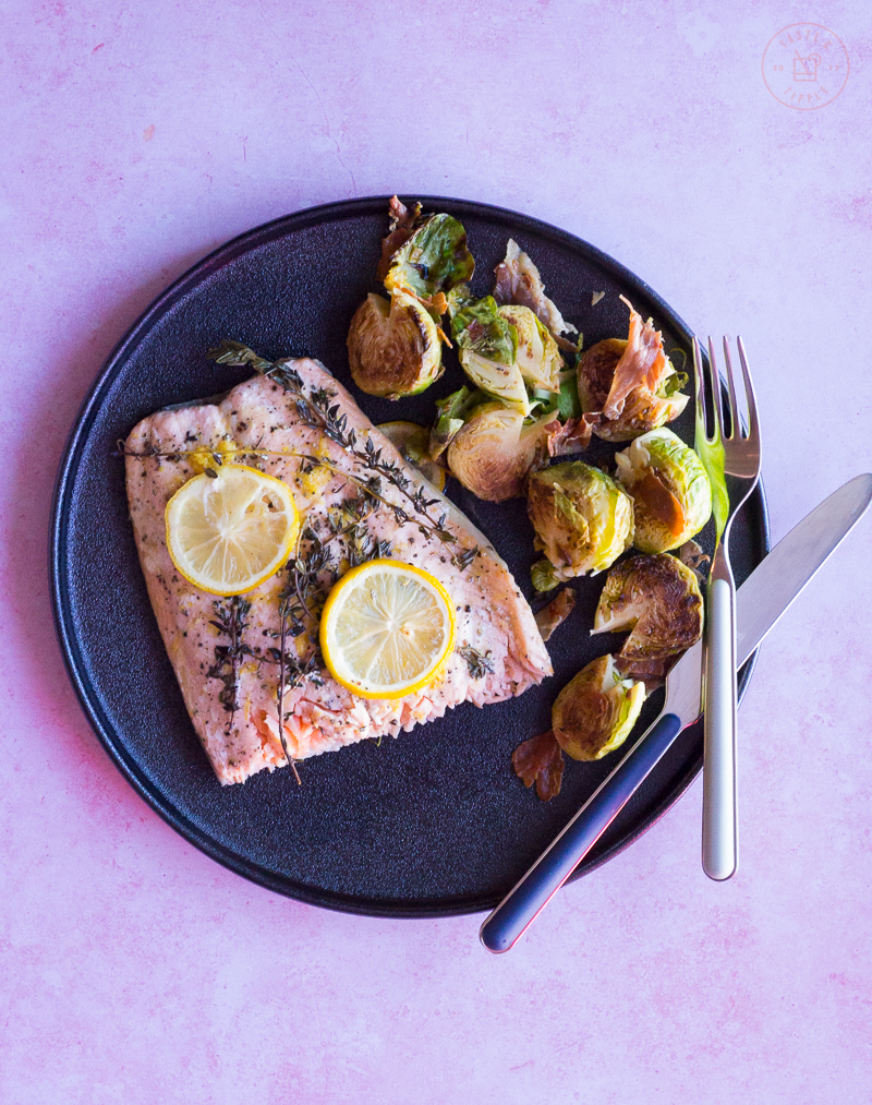 Lemon Roasted Salmon and Brussels Sprouts with Prosciutto Chips | Taste and Tipple